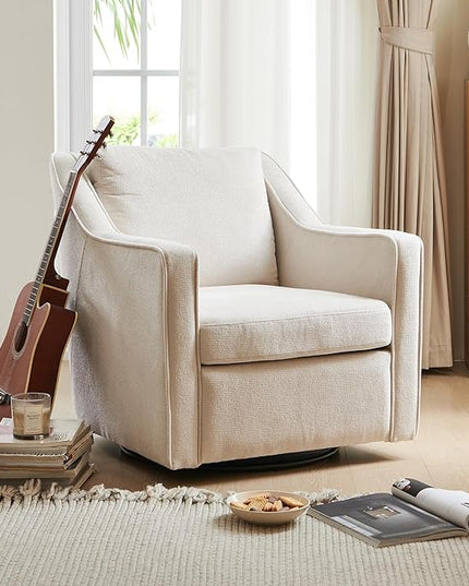 COLAMY 360° Swivel Accent Chair, Upholstered Fabric Leisure Armchair with Innerspring Seat Cushion Lumbar Pillow Metal Base for Living Room Bedroom Home Office, Beige - LeafyLoom