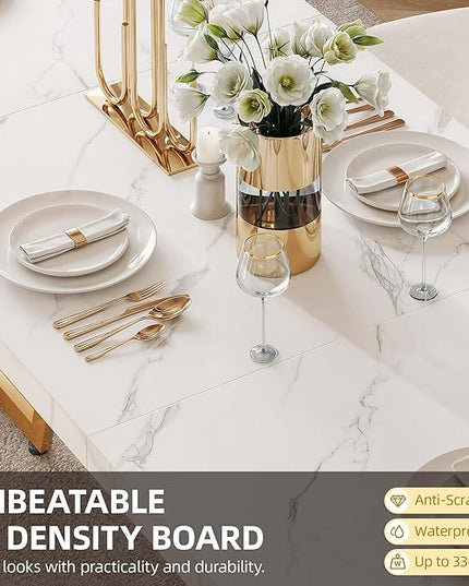 DWVO 82.6'' Large Modern Dining Table for 8-10 People, Rectangular White Kitchen Dining Room Table with Faux Marble Tabletop and Geometric Gold Metal Legs, Wood Dinner Tables for Family Gathering - LeafyLoom