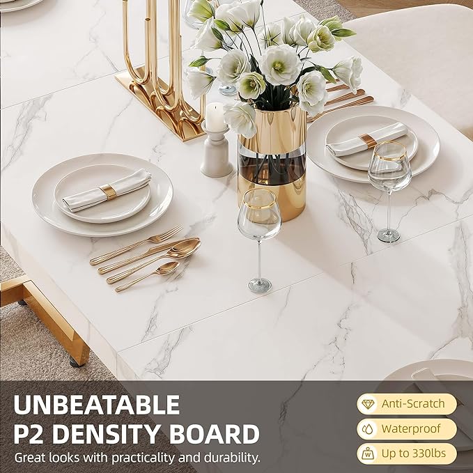 DWVO 82.6'' Large Modern Dining Table for 8-10 People, Rectangular White Kitchen Dining Room Table with Faux Marble Tabletop and Geometric Gold Metal Legs, Wood Dinner Tables for Family Gathering - LeafyLoom