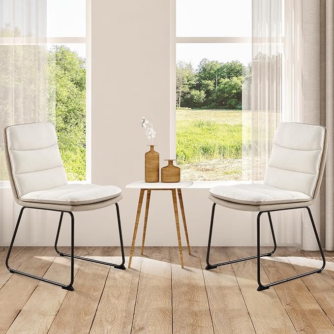 COLAMY Dining Chairs Set of 2, Upholstered Modern Waffle Fabric Dining Room Chairs, Faux Leather Chairs with High Back Side with Metal Legs for Kitchen Dining Living Waiting Room, Cream - LeafyLoom
