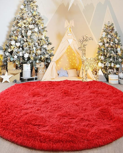 Red Round Rug for Bedroom, Super Fluffy Circle Rugs for Baby Nursery, 5'X5' Feet Furry Carpet for Children Kids Room, Cute Soft Shaggy Rug for Girls Home Decor, Fuzzy Plush Carpets for Dorm - LeafyLoom