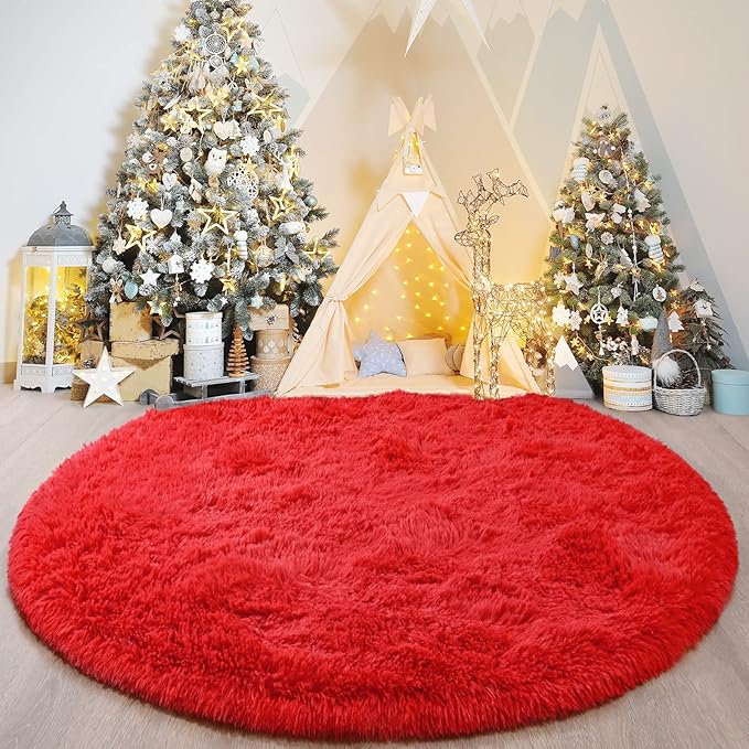 Red Round Rug for Bedroom, Super Fluffy Circle Rugs for Baby Nursery, 5'X5' Feet Furry Carpet for Children Kids Room, Cute Soft Shaggy Rug for Girls Home Decor, Fuzzy Plush Carpets for Dorm - LeafyLoom