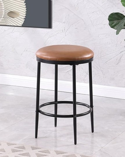 HomePop Upholstered Metal Barstool, Fabric Side Chairs for Dining Room, Kitchen and Living Room - Carmel Brown Faux Leather - LeafyLoom