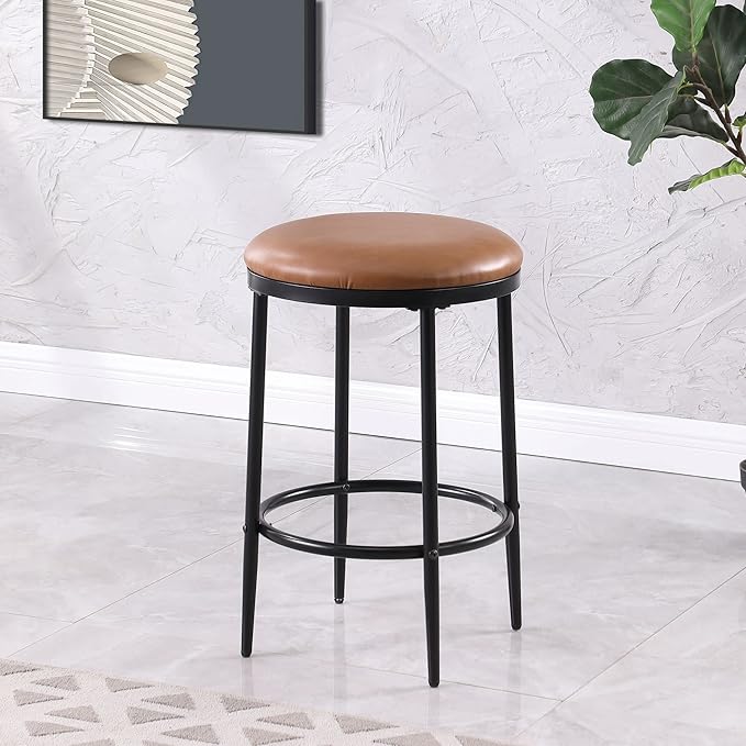 HomePop Upholstered Metal Barstool, Fabric Side Chairs for Dining Room, Kitchen and Living Room - Carmel Brown Faux Leather - LeafyLoom