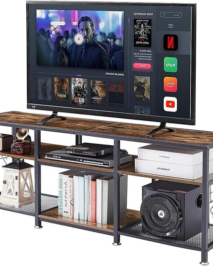 VECELO TV Stand for Televisions up to 70 Inch, Industrial Entertainment Center with 3-Tier Open Storage Shelves& Hooks for Living, Bedroom and Gaming Room, 63 Inch, Brown - LeafyLoom