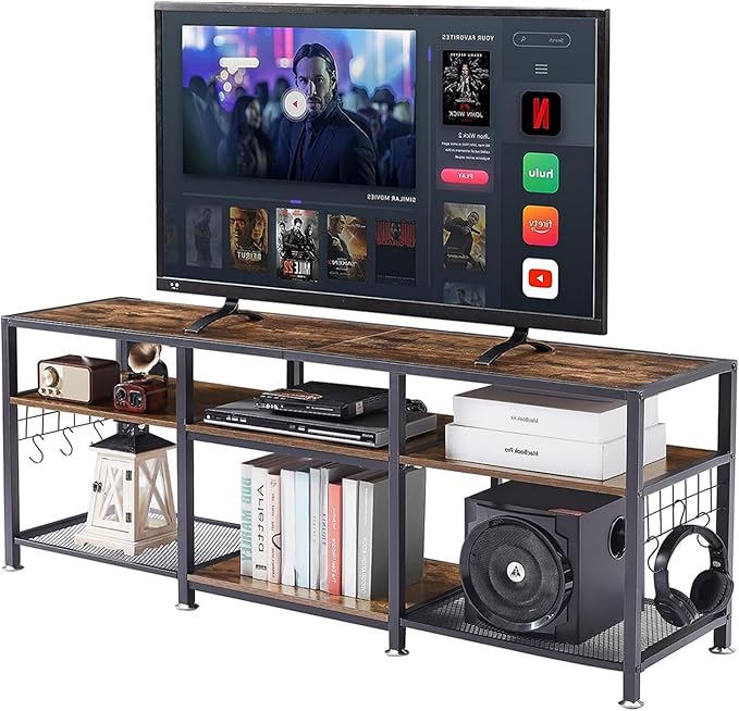VECELO TV Stand for Televisions up to 70 Inch, Industrial Entertainment Center with 3-Tier Open Storage Shelves& Hooks for Living, Bedroom and Gaming Room, 63 Inch, Brown - LeafyLoom