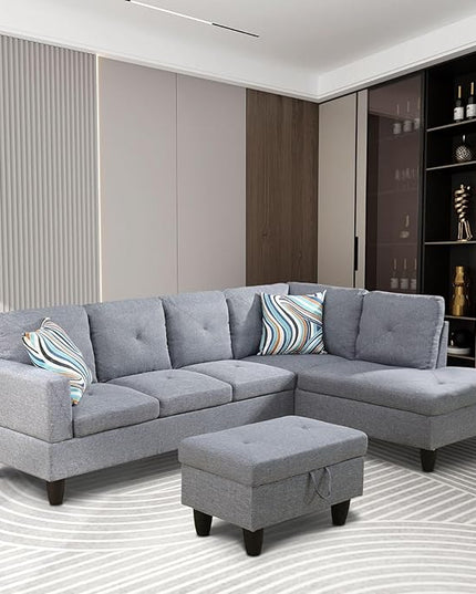 ROOMTEC Button L Shape Sectional Sofa Set, 5 Seat Upholstered Corner Couch with Storage Ottoman, Luxurious Linen Tufted Cushions, for Living Room, Apartment, 97inch, Agate Grey w/Right Chaise Lounge - LeafyLoom