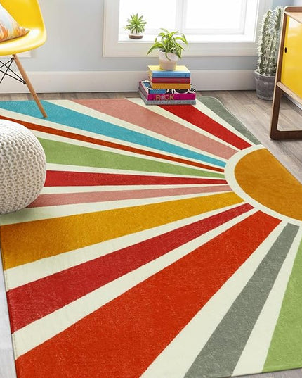 Kids Rugs for Playroom 5'x7' Rug, Boho Washable Area Rug for Kids Room, Rainbow Kids Nursery Rug Non-Slip Sunshine Carpet Soft Colorful Rug for Classroom Office Dining Room - LeafyLoom