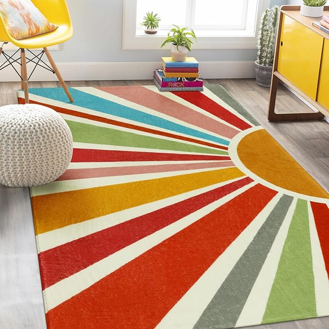 Kids Rugs for Playroom 5'x7' Rug, Boho Washable Area Rug for Kids Room, Rainbow Kids Nursery Rug Non-Slip Sunshine Carpet Soft Colorful Rug for Classroom Office Dining Room - LeafyLoom