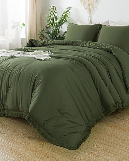 Andency Olive Green Comforter Set Queen, 3 Pieces Boho Tassel Lightweight Bedding Comforter Sets, All Season Soft Fluffy Fringe Bed Set (90x90In Comforter & 2 Pillowcases) - LeafyLoom