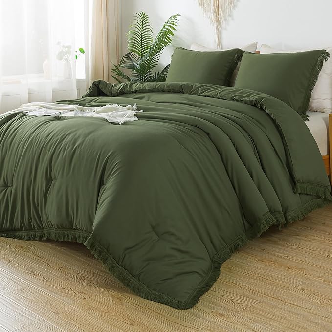 Andency Olive Green Comforter Set Queen, 3 Pieces Boho Tassel Lightweight Bedding Comforter Sets, All Season Soft Fluffy Fringe Bed Set (90x90In Comforter & 2 Pillowcases) - LeafyLoom