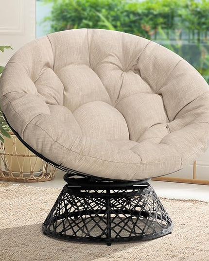 Bme 40" Ergonomic Wicker Papasan Chair with Soft Thick Density Fabric Cushion, High Capacity Steel Frame, 360 Degree Swivel for Living, Bedroom, Reading Room, Lounge, Sepia Sand - Black Base - LeafyLoom