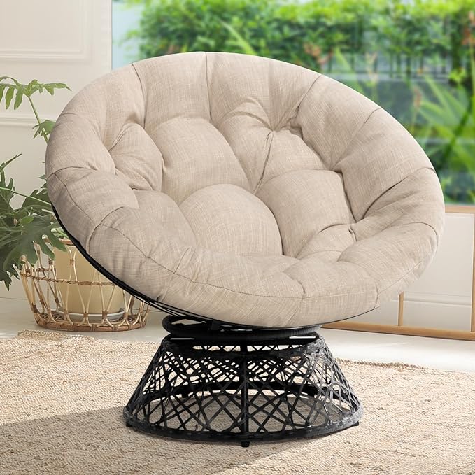 Bme 40" Ergonomic Wicker Papasan Chair with Soft Thick Density Fabric Cushion, High Capacity Steel Frame, 360 Degree Swivel for Living, Bedroom, Reading Room, Lounge, Sepia Sand - Black Base - LeafyLoom