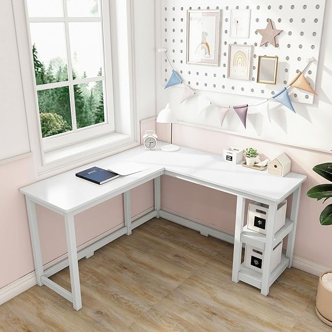 Max & Lily Solid Wood Corner Desk, 55 x 55 Inches, White - LeafyLoom