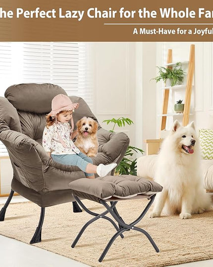 Lazy Chair with Folding Ottoman, Accent Chair Velvet Upholstered with Metal Structure and Non-Slip Pads, Sofa Armchair with Footrest and Side Storage Bag for Dorm, Room, Office, Dark Gray - LeafyLoom