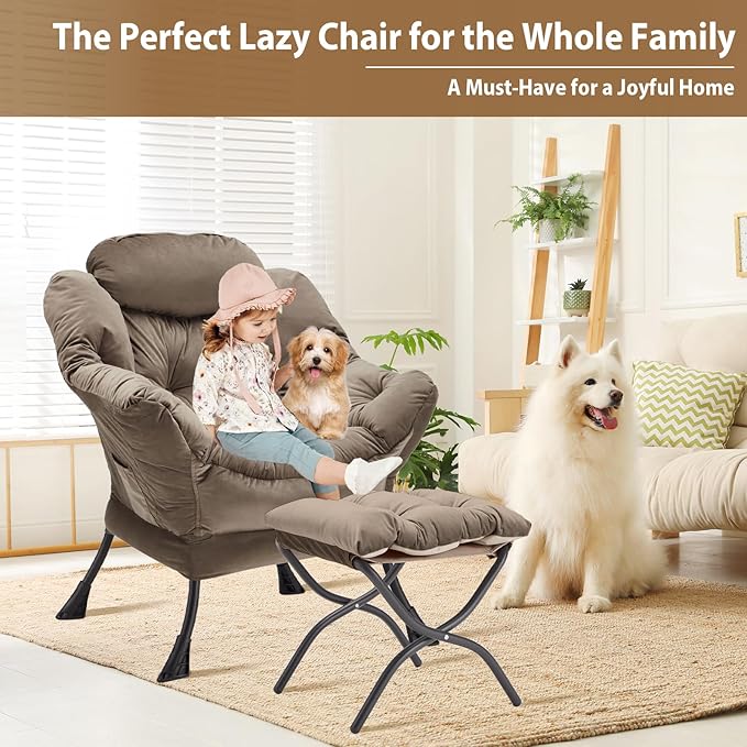 Lazy Chair with Folding Ottoman, Accent Chair Velvet Upholstered with Metal Structure and Non-Slip Pads, Sofa Armchair with Footrest and Side Storage Bag for Dorm, Room, Office, Dark Gray - LeafyLoom
