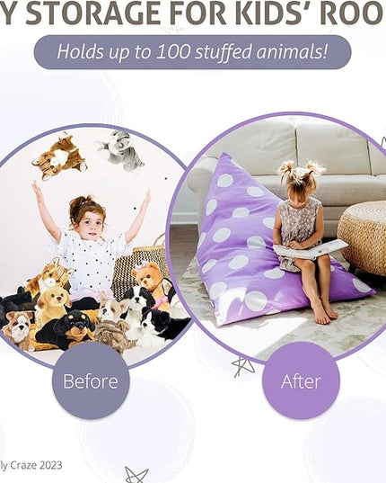 Butterfly Craze Bean Bag Chair Cover, Functional Toddler Toy Organizer, Fill with Stuffed Animals to Create a Jumbo, Comfy Floor Lounger for Boys or Girls, Stuffing Not Included, Purple Polka Dots - LeafyLoom