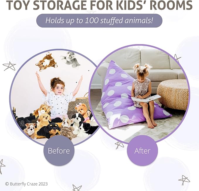 Butterfly Craze Bean Bag Chair Cover, Functional Toddler Toy Organizer, Fill with Stuffed Animals to Create a Jumbo, Comfy Floor Lounger for Boys or Girls, Stuffing Not Included, Purple Polka Dots - LeafyLoom
