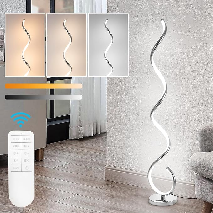 ADISUN LED Modern Floor Lamp for Living Room, Spiral Floor Lamp for Bedroom, 48W Dimmable Floor Lamp for Living Room Office Dining Room-Silver,Remote Control - LeafyLoom
