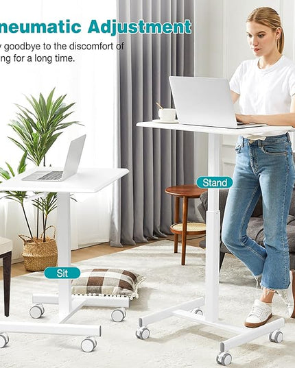 edx Small Mobile Rolling Standing Desk - Overbed Table, Teacher Podium with Wheels, Adjustable Height Table, Rolling Desk Laptop Computer Cart for Home, Office, Classroom, White - LeafyLoom