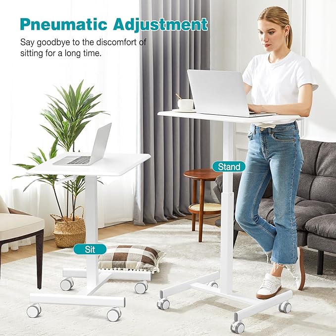 edx Small Mobile Rolling Standing Desk - Overbed Table, Teacher Podium with Wheels, Adjustable Height Table, Rolling Desk Laptop Computer Cart for Home, Office, Classroom, White - LeafyLoom