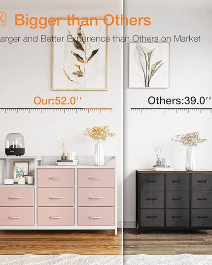 ODK Dresser with Charging Station, 52-Inch Long Dresser TV Stand for Bedroom, Large Dresser with 8 Storage Drawers, Chest of Drawers Easy-Pull Fabric Dressers for Living Room, White and Pink - LeafyLoom