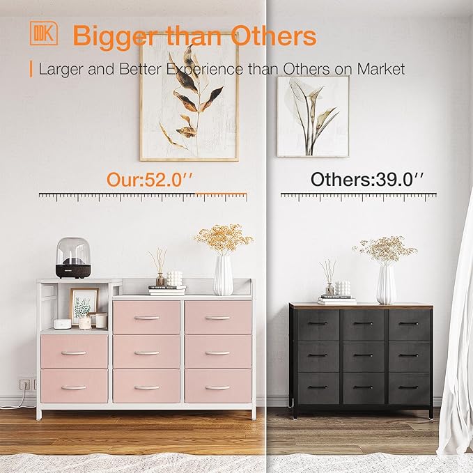 ODK Dresser with Charging Station, 52-Inch Long Dresser TV Stand for Bedroom, Large Dresser with 8 Storage Drawers, Chest of Drawers Easy-Pull Fabric Dressers for Living Room, White and Pink - LeafyLoom