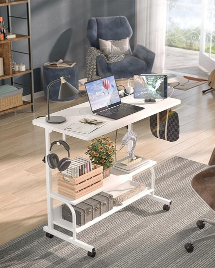 Height Adjustable Standing Desk with Power Outlets, 32" Manual Stand Up Desk with Storage Shelves Small Mobile Rolling Computer Desk Portable Laptop Table with Wheels for Home Office, White - LeafyLoom
