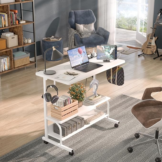 Height Adjustable Standing Desk with Power Outlets, 32" Manual Stand Up Desk with Storage Shelves Small Mobile Rolling Computer Desk Portable Laptop Table with Wheels for Home Office, White - LeafyLoom