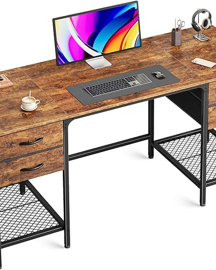 55 Inch Computer Desk with 4 Drawers, Office Desk with Mesh Shelf, Gaming Desk, Large Storage, Writing Desk Work Desk for Home Office, Study, Bedroom, Work from Home, Rustic Brown - LeafyLoom