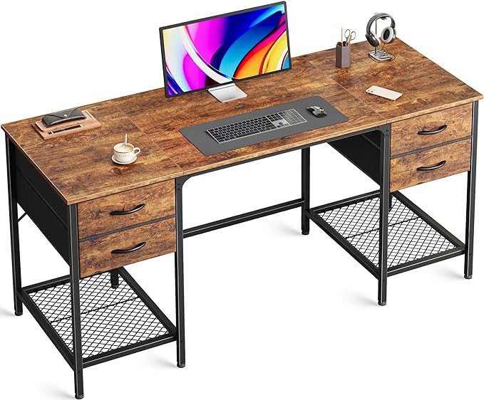 55 Inch Computer Desk with 4 Drawers, Office Desk with Mesh Shelf, Gaming Desk, Large Storage, Writing Desk Work Desk for Home Office, Study, Bedroom, Work from Home, Rustic Brown - LeafyLoom