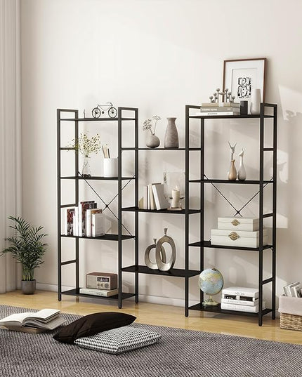 Panana Triple 4 tier bookshelf, Industrial Bookcase with 11 Open Display Shelves Wide Book Shelf Book Case with Metal Frame for Living Room Home Office (Black) - LeafyLoom