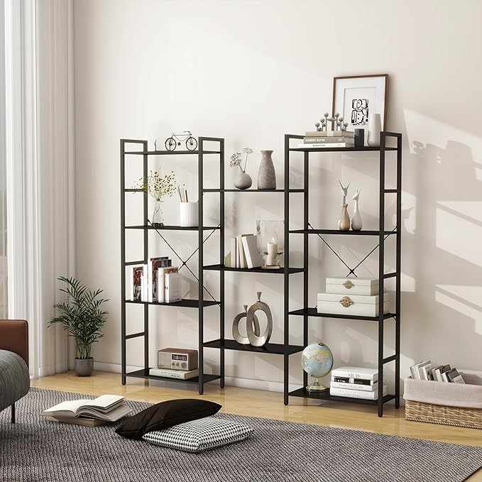 Panana Triple 4 tier bookshelf, Industrial Bookcase with 11 Open Display Shelves Wide Book Shelf Book Case with Metal Frame for Living Room Home Office (Black) - LeafyLoom