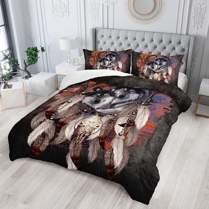 Wolf Dream Catcher Comforter Set for Kids Teens Girls Retro Modern Wildlife Animal Comforter Tie Dye Wolf Bedding Set for Kids Teens Room Decor - LeafyLoom