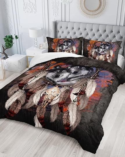 Wolf Dream Catcher Comforter Set for Kids Teens Girls Retro Modern Wildlife Animal Comforter Tie Dye Wolf Bedding Set for Kids Teens Room Decor - LeafyLoom
