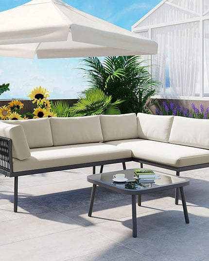 3-Piece Outdoor Patio Furniture PE Rattan Sofa Set, All Weather L-Shaped Sectional Couch with Removable Cushions and Glass Table, for Backyard Poolside Garden, Metal Frame, Onesize, Beige - LeafyLoom