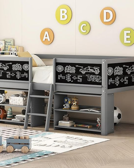 Twin Size Low loft Bed with Movable Shelves for Kids,Kids Low Loft Bed Frame with Guardrail Chalkboard and Storage,Solid Wood Loft Bed Twin for Boys,Girls(Gray) - LeafyLoom