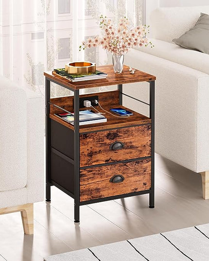 Furologee Nightstand Set of 2, Rustic Brown, with Charging Station and USB Ports, Side Tables with 2 Fabric Drawers, Bedside Tables with Storage Shelf & Hooks, for Living Room/Bedroom - LeafyLoom