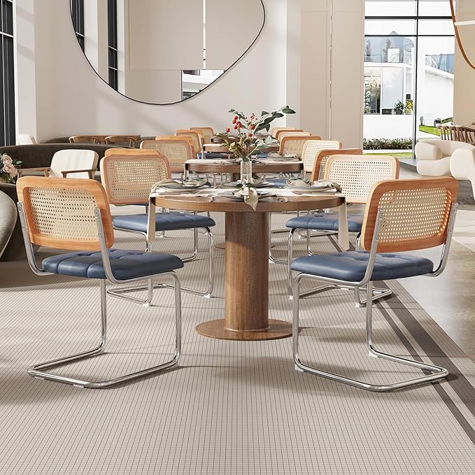Farini Kitchen Dining Chairs Set of 2,Mid-Century Modern Chair Armless Mesh Backrest Cane Rattan Chairs for Home Dining Room(Royal Blue,PU Leather) - LeafyLoom