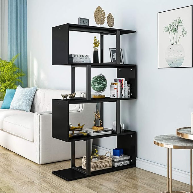 YITAHOME 5 Tiers Bookshelf, Modern S-Shaped Z-Shelf Style Bookshelves, Multifunctional Geometric Bookcase Storage Display Shelf for Living Room Bedroom Home Office, Black - LeafyLoom