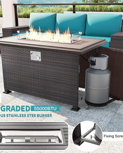 Kullavik 13 Pieces Outdoor Patio Furniture Set with 43" 55000BTU Gas Propane Fire Pit Table PE Wicker Rattan Sectional Sofa Patio Conversation Sets,Blue - LeafyLoom