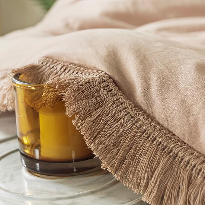Andency Taupe Comforter Set Full Size, 3 Pieces Boho Tassel Lightweight Bedding Comforter Sets, Tan All Season Soft Fluffy Fringe Bed Set (79x90In Comforter & 2 Pillowcases) - LeafyLoom