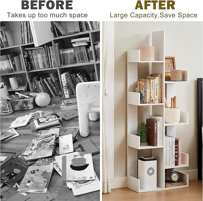 VECELO 8 Shelf Storage Tree Bookshelf,Wooden Book Display Shelves for CDs/Movies/Books, FreeStanding Geometric Tree-Shaped Bookcase Storgae Organizers for Home Office, Living Room,Bedroom,White - LeafyLoom