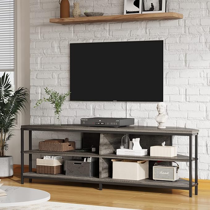 MUTUN Corner TV Stand with Power Outlet, Corner TV Stand for 32 43 50 55 60 Inch TV, Corner Entertainment Center, Industrial TV Console Table for Living Room Bedroom, 55 Inch, Grey Oak - LeafyLoom
