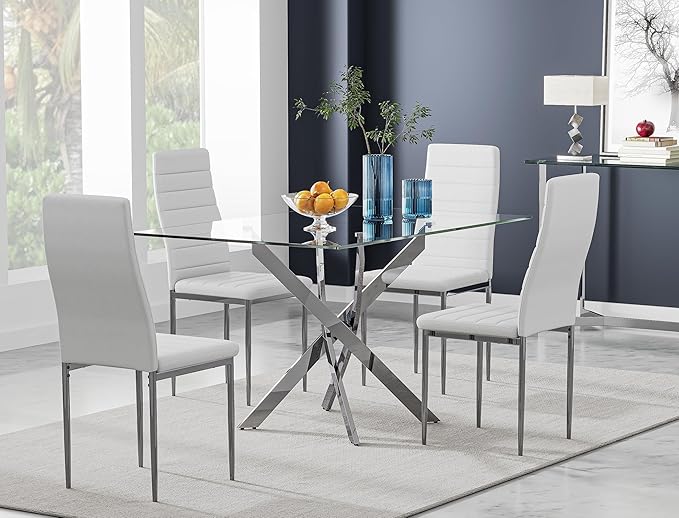 Tempered Glass Dining Table with Chromed Legs,47" Modern Rectangular Kitchen Table for Dining Room Kitchen,Sliver - LeafyLoom