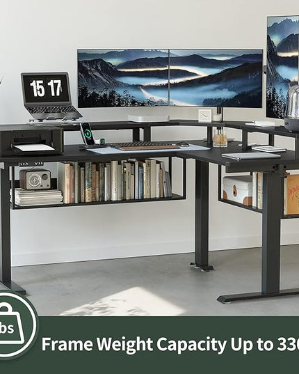 FEZIBO 63Inch L Shaped Standing Desk with Shelves, Large Storage Adjustable Desk with Triple Motors,Corner Desk Double Shelves with Light Strip, Black - LeafyLoom