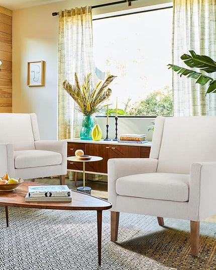 COLAMY Modern Wingback Living Room Chair, Upholstered Fabric Accent Armchair, Single Sofa chair with Lounge Seat and Wood Legs for Bedroom/Office/Reading Spaces, Beige - LeafyLoom