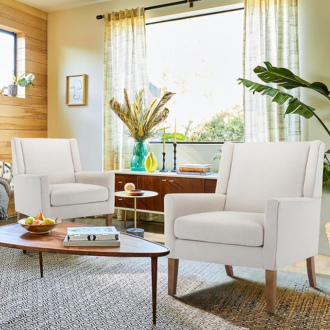 COLAMY Modern Wingback Living Room Chair, Upholstered Fabric Accent Armchair, Single Sofa chair with Lounge Seat and Wood Legs for Bedroom/Office/Reading Spaces, Beige - LeafyLoom