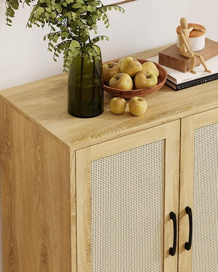 Rattan Decorated Buffet Cabinet - 2 Doors Simple Style Storage Cabinet, Shoe Cabinet with Adjustable Shelves, Sideboard for Kitchen, Living Room, Hallway, Entryway (Natural Wood) - LeafyLoom