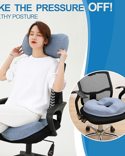 JEMA Donut Pillow, Tailbone Memory Foam Seat Cushion by Ergonomic Innovations for Sores, Coccyx, Sciatica, Pregnancy, Post Natal (Blue) - LeafyLoom